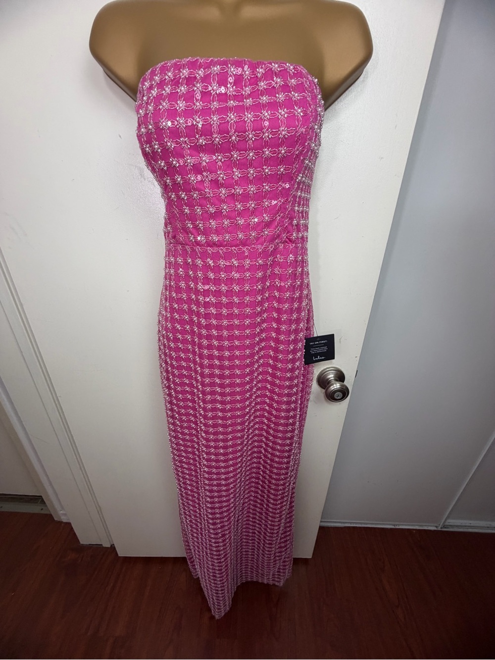 Perfectly Pink Luxurious Mesh Pearl Sequin Strapless Column Maxi Dress NWT Sz S - Picture 6 of 16